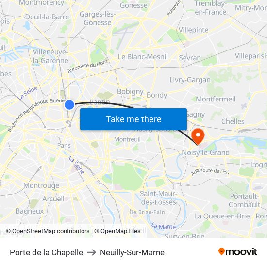 Porte de la Chapelle to Neuilly-Sur-Marne map