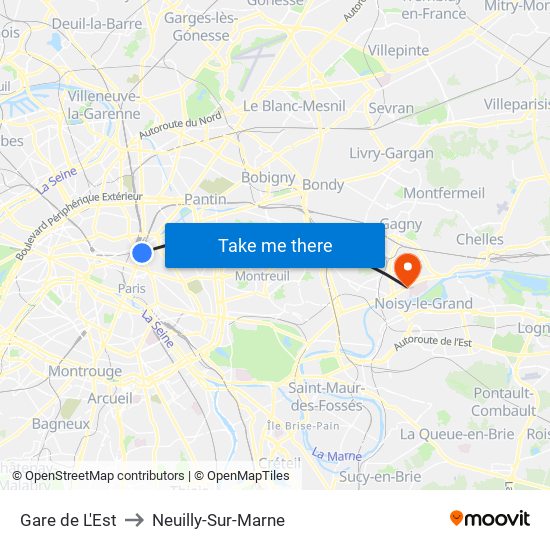 Gare de L'Est to Neuilly-Sur-Marne map