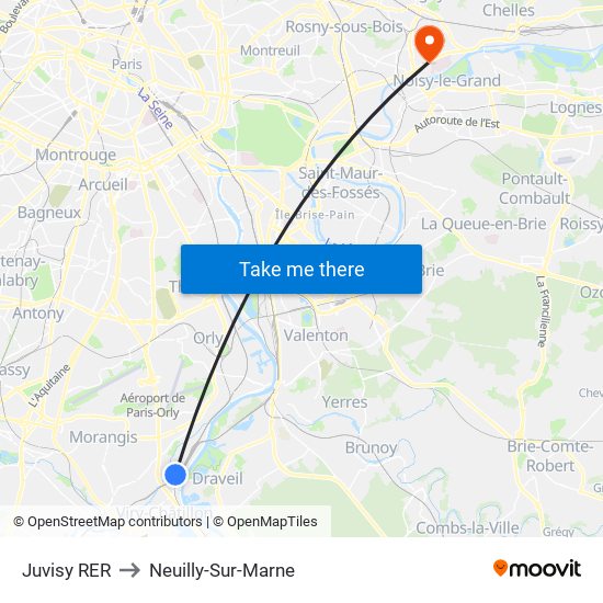 Juvisy RER to Neuilly-Sur-Marne map