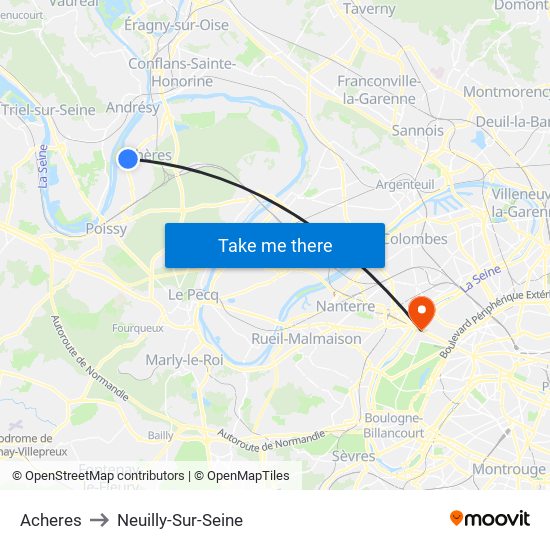 Acheres to Neuilly-Sur-Seine map