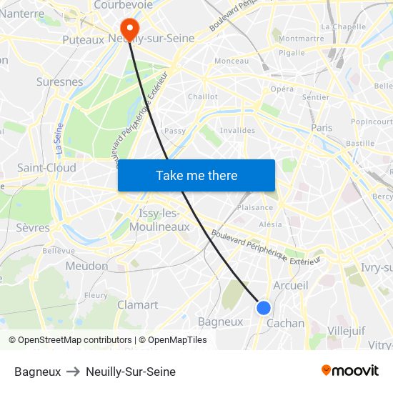 Bagneux to Neuilly-Sur-Seine map