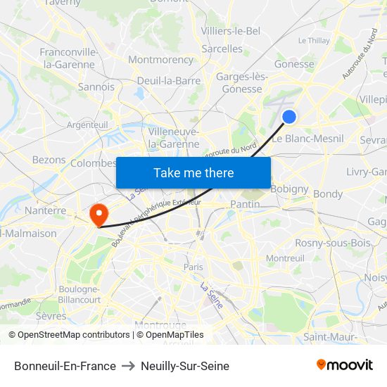 Bonneuil-En-France to Neuilly-Sur-Seine map