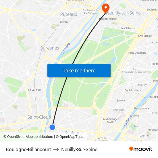 Boulogne-Billancourt to Neuilly-Sur-Seine map