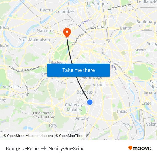 Bourg-La-Reine to Neuilly-Sur-Seine map