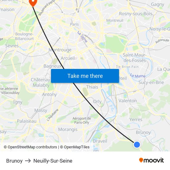 Brunoy to Neuilly-Sur-Seine map