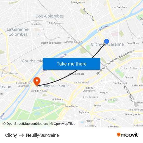 Clichy to Neuilly-Sur-Seine map