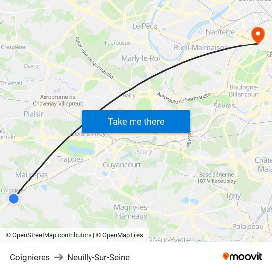 Coignieres to Neuilly-Sur-Seine map