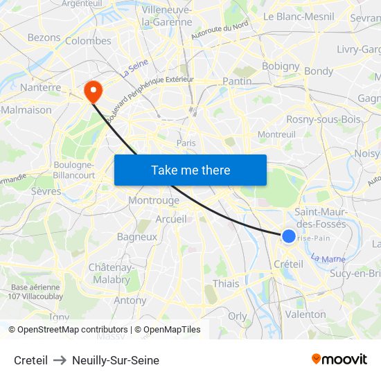 Creteil to Neuilly-Sur-Seine map