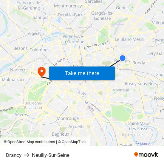 Drancy to Neuilly-Sur-Seine map