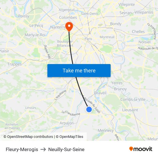 Fleury-Merogis to Neuilly-Sur-Seine map