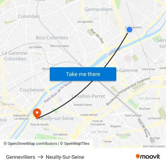 Gennevilliers to Neuilly-Sur-Seine map