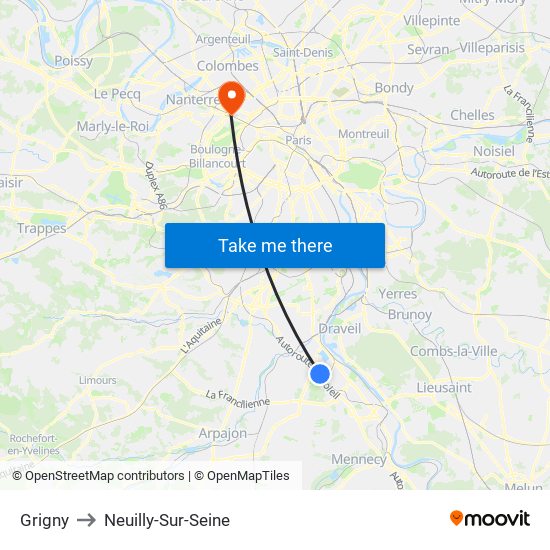 Grigny to Neuilly-Sur-Seine map