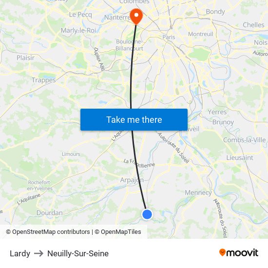 Lardy to Neuilly-Sur-Seine map