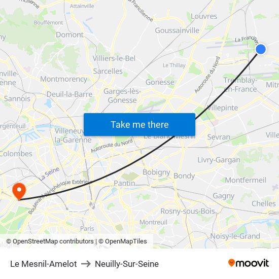 Le Mesnil-Amelot to Neuilly-Sur-Seine map