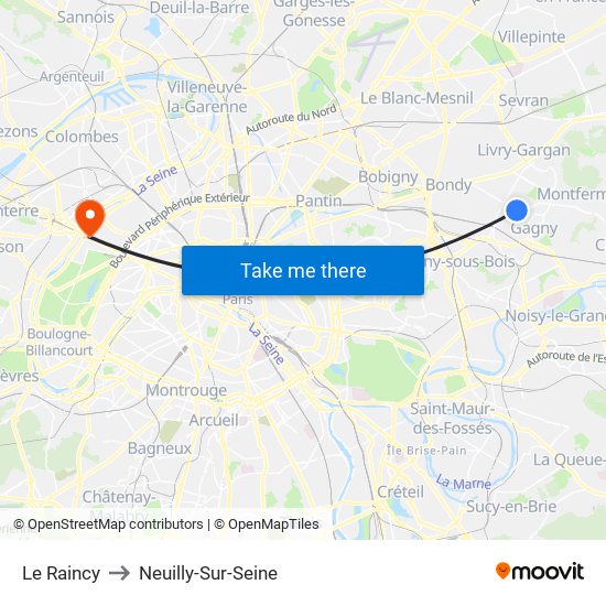 Le Raincy to Neuilly-Sur-Seine map