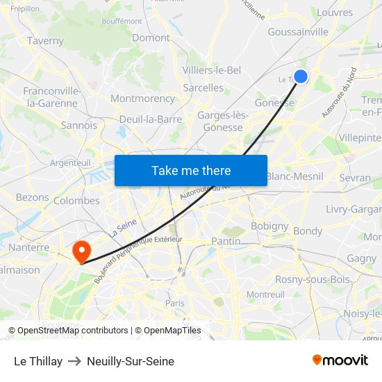 Le Thillay to Neuilly-Sur-Seine map