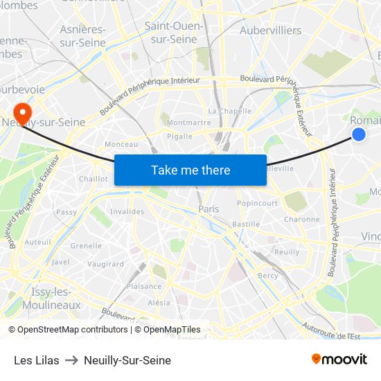 Les Lilas to Neuilly-Sur-Seine map