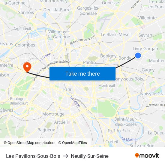Les Pavillons-Sous-Bois to Neuilly-Sur-Seine map