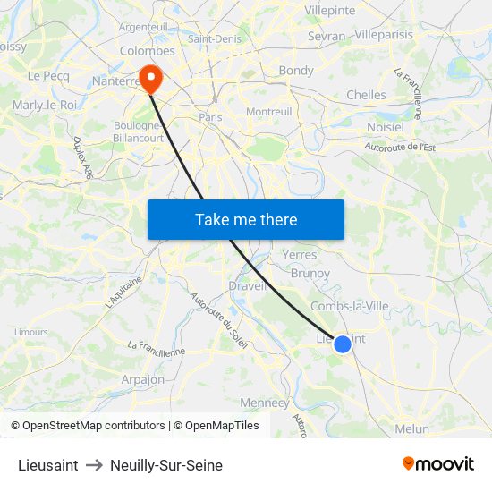 Lieusaint to Neuilly-Sur-Seine map