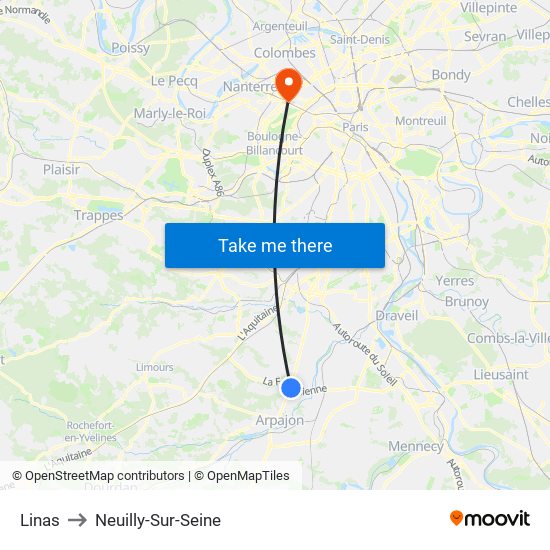 Linas to Neuilly-Sur-Seine map