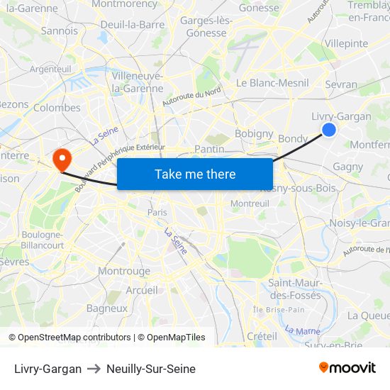 Livry-Gargan to Neuilly-Sur-Seine map