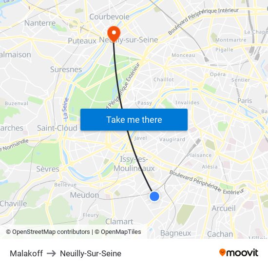 Malakoff to Neuilly-Sur-Seine map