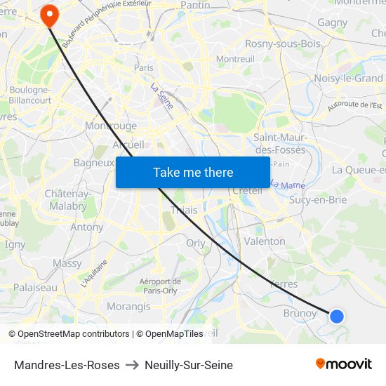 Mandres-Les-Roses to Neuilly-Sur-Seine map