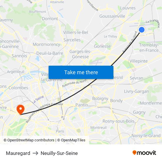 Mauregard to Neuilly-Sur-Seine map