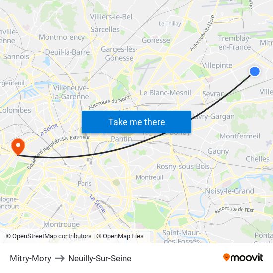 Mitry-Mory to Neuilly-Sur-Seine map