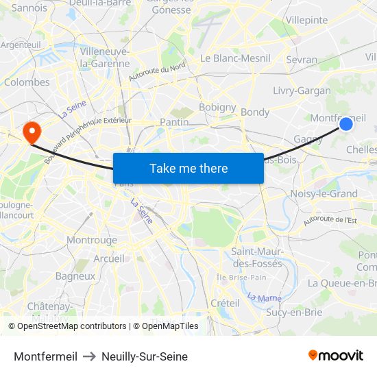 Montfermeil to Neuilly-Sur-Seine map