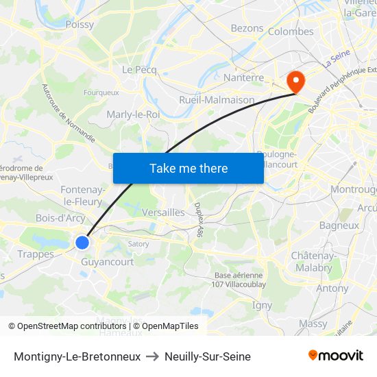 Montigny-Le-Bretonneux to Neuilly-Sur-Seine map