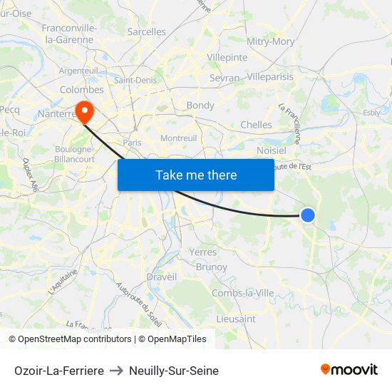 Ozoir-La-Ferriere to Neuilly-Sur-Seine map