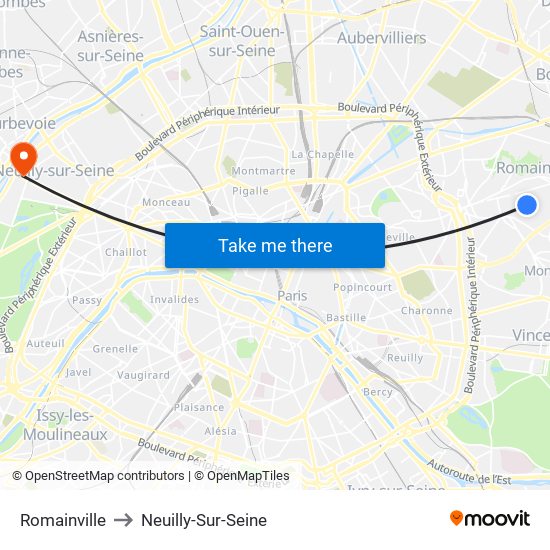 Romainville to Neuilly-Sur-Seine map