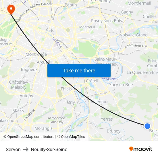 Servon to Neuilly-Sur-Seine map