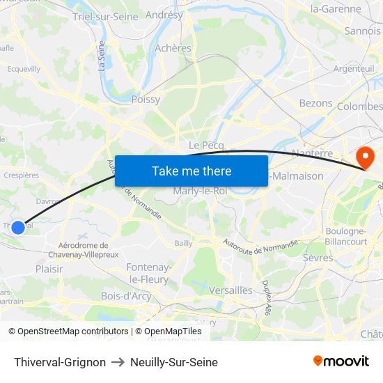 Thiverval-Grignon to Neuilly-Sur-Seine map