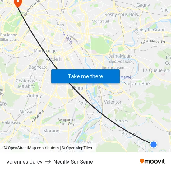 Varennes-Jarcy to Neuilly-Sur-Seine map