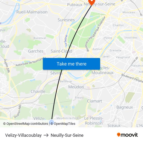 Velizy-Villacoublay to Neuilly-Sur-Seine map