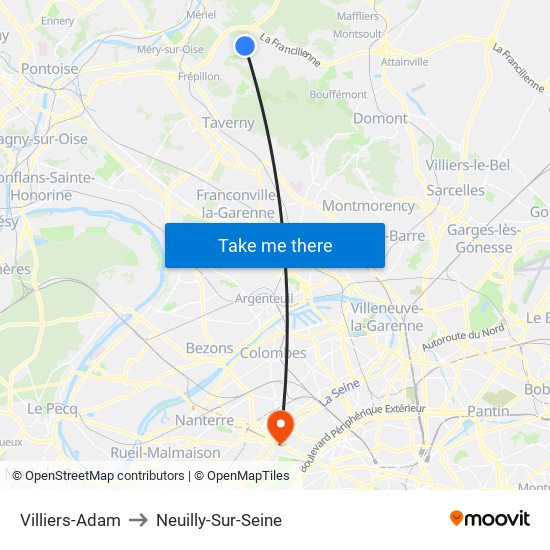 Villiers-Adam to Neuilly-Sur-Seine map