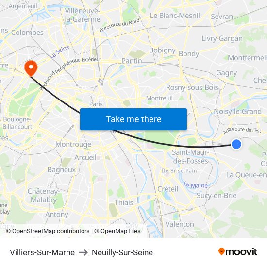 Villiers-Sur-Marne to Neuilly-Sur-Seine map