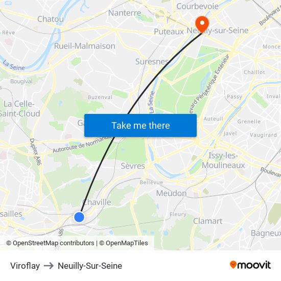 Viroflay to Neuilly-Sur-Seine map