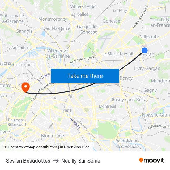 Sevran Beaudottes to Neuilly-Sur-Seine map