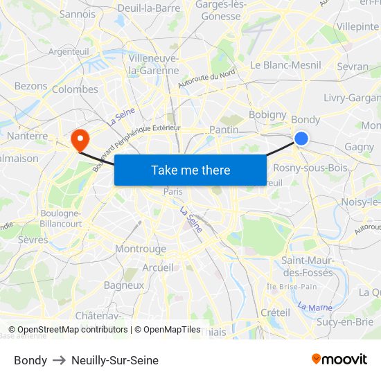 Bondy to Neuilly-Sur-Seine map