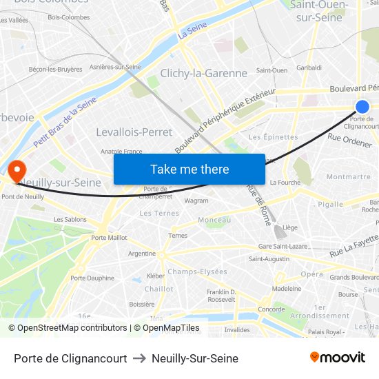 Porte de Clignancourt to Neuilly-Sur-Seine map