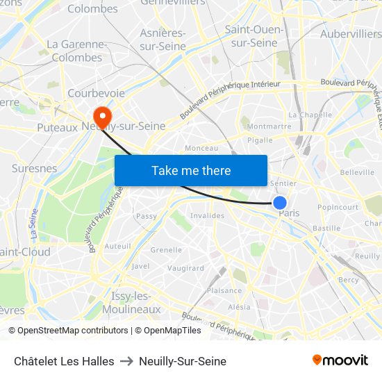 Châtelet Les Halles to Neuilly-Sur-Seine map