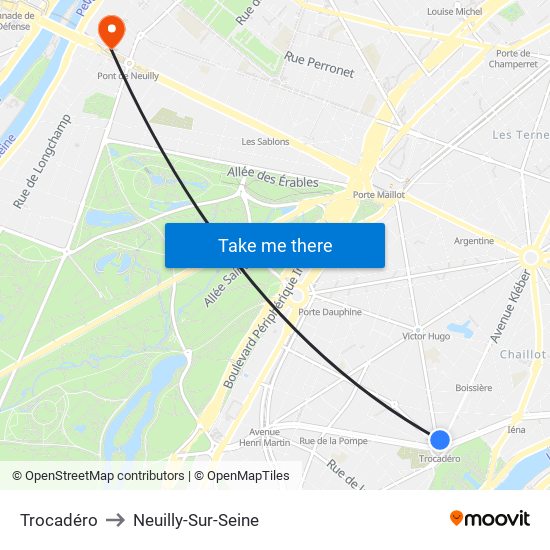 Trocadéro to Neuilly-Sur-Seine map