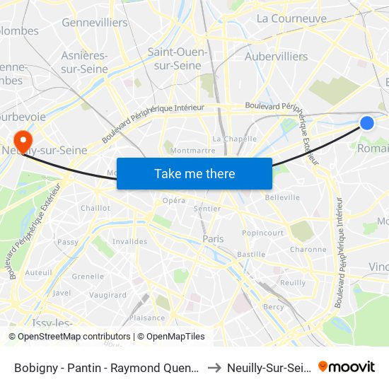Bobigny - Pantin - Raymond Queneau to Neuilly-Sur-Seine map