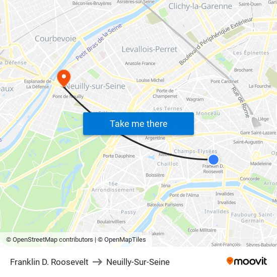 Franklin D. Roosevelt to Neuilly-Sur-Seine map