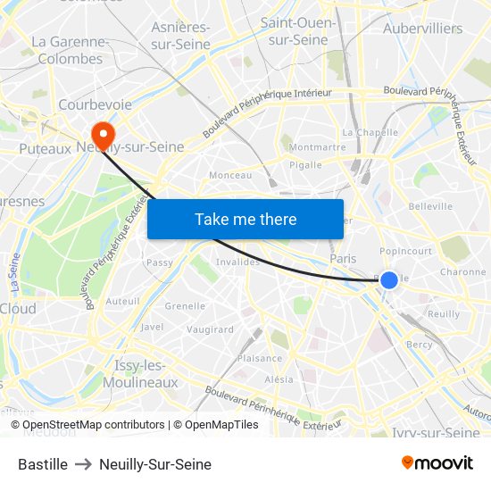 Bastille to Neuilly-Sur-Seine map