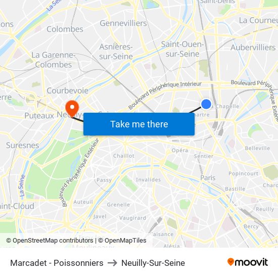 Marcadet - Poissonniers to Neuilly-Sur-Seine map