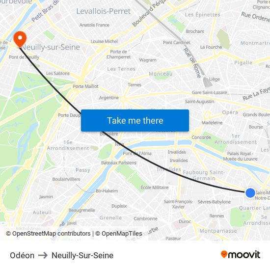 Odéon to Neuilly-Sur-Seine map